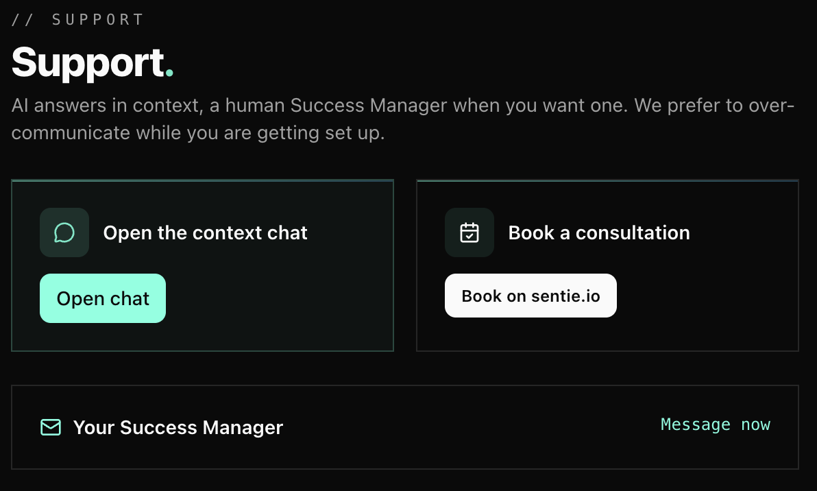 Support page with options to open the context chat or book a consultation with your Success Manager