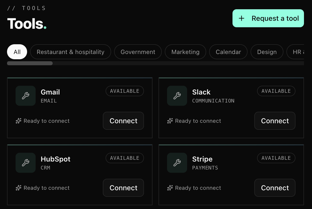 Tools catalog with Gmail and Slack ready to connect, search and category filters