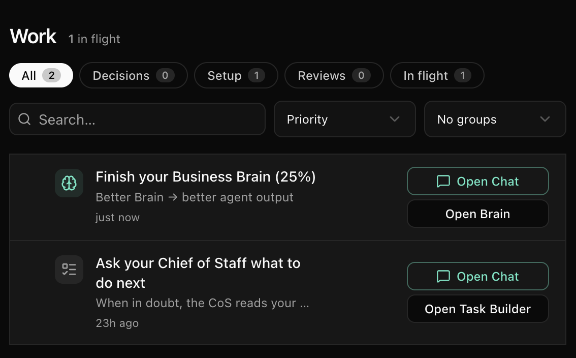 Sentie Work surface with in-flight tasks and decisions awaiting approval